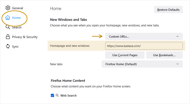 Firefox Instruction to change the homepage