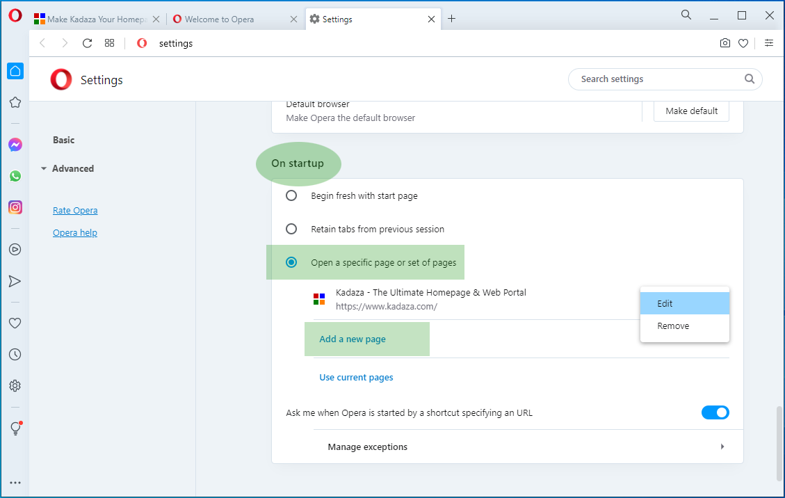 Change homepage in Opera