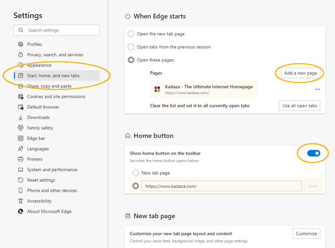 Set Kadaza as homepage and start page in Edge